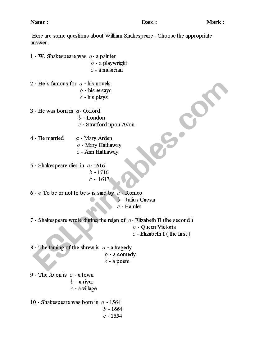 Shakespeare worksheet