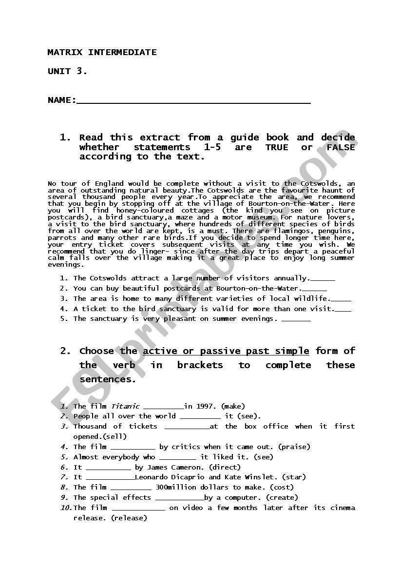 Matrix intermediate unit3 worksheet