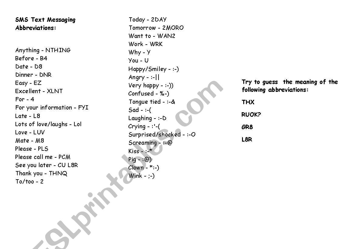 text message abbreviations worksheet