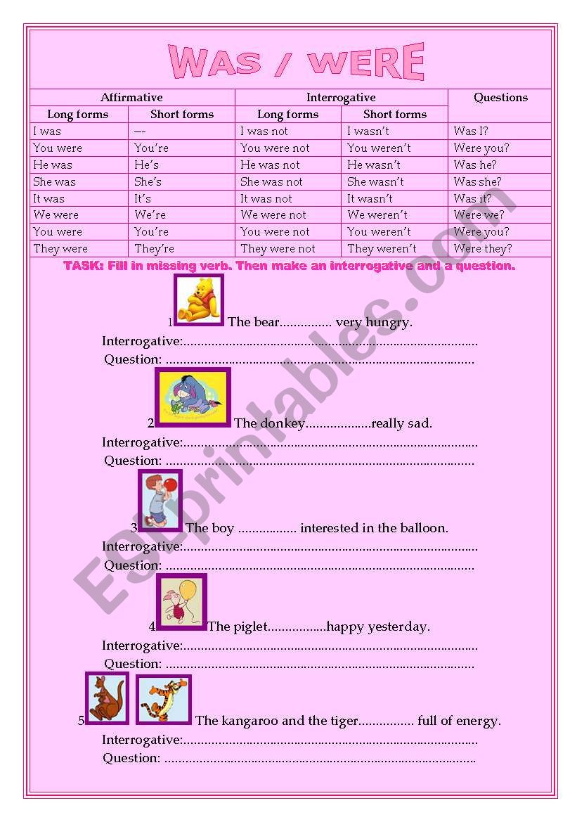 WAS / WERE -past simple of to be -introduction and excercise with Winnie the Pooh!