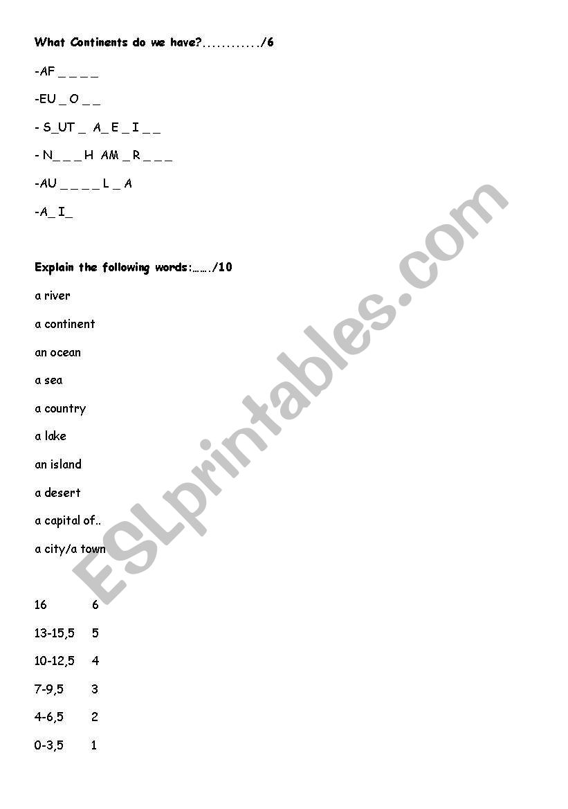 geography vocabulary test worksheet