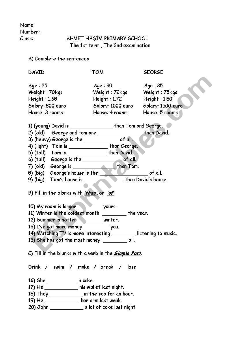 exam paper worksheet