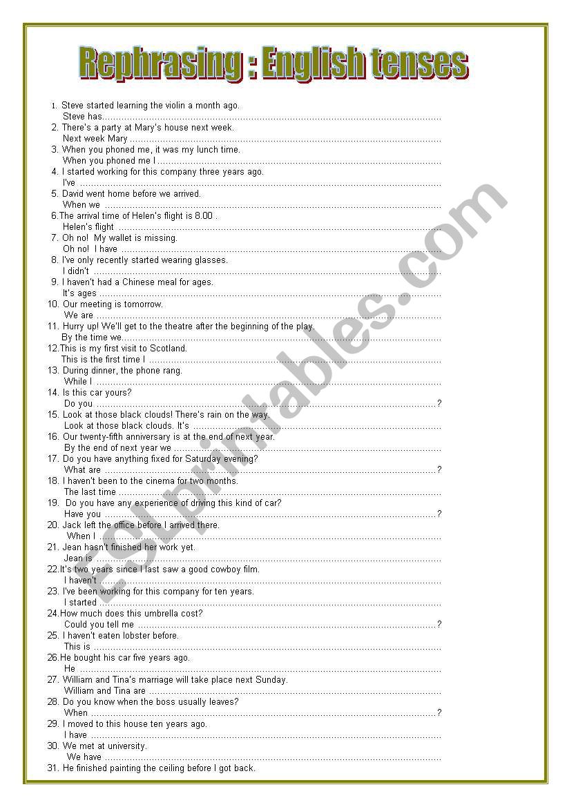  Rephrasing : English tenses worksheet