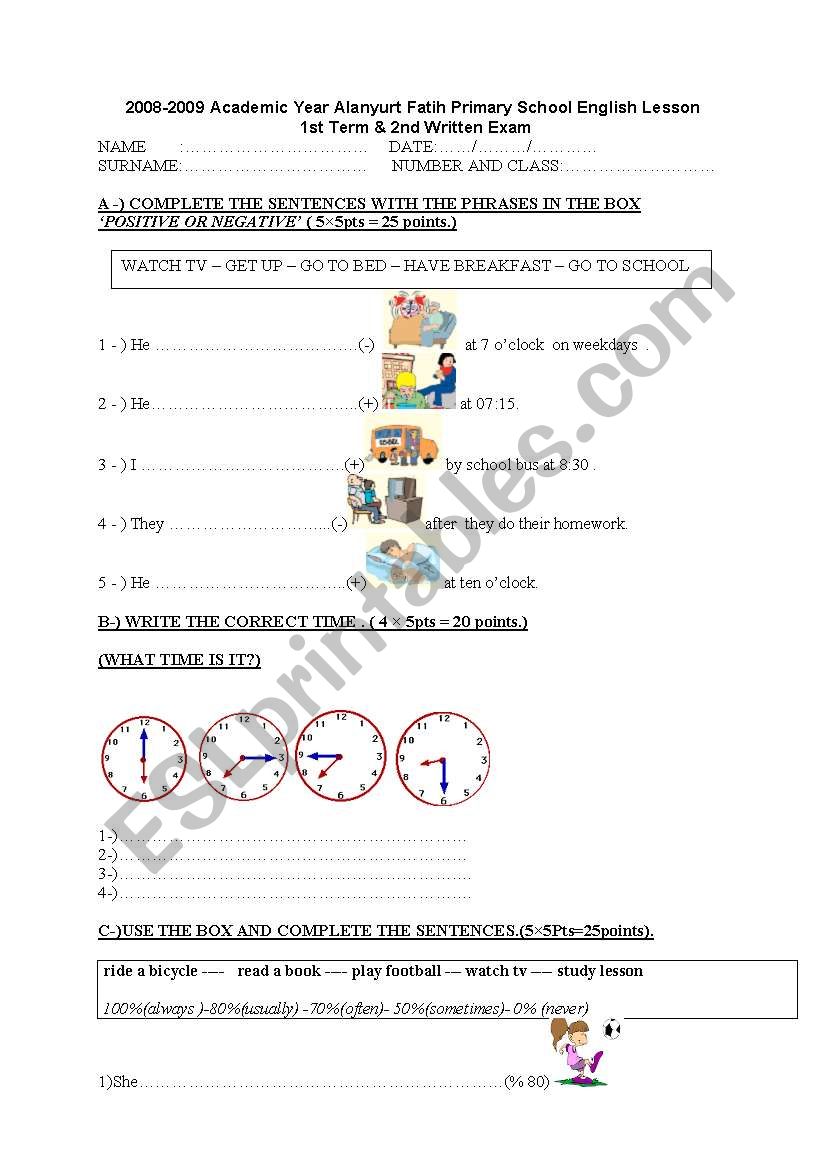 exam 6th grade worksheet