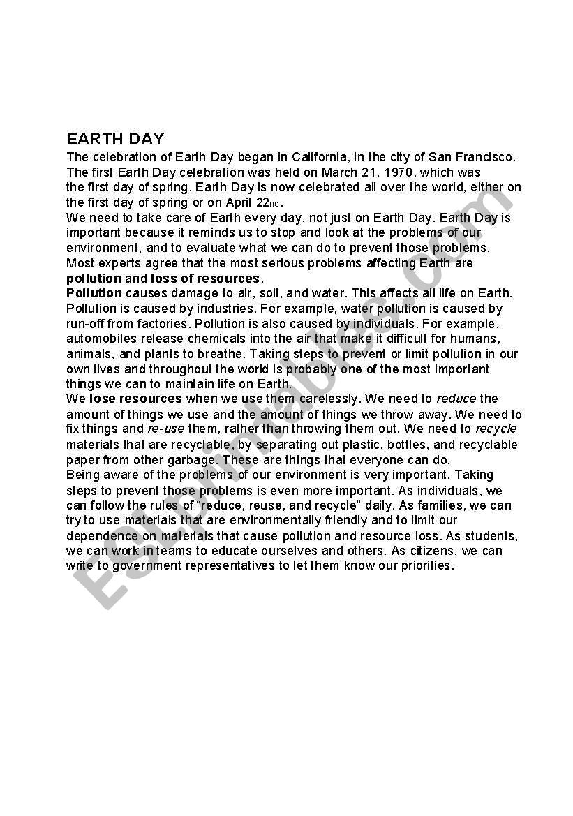 earth day worksheet