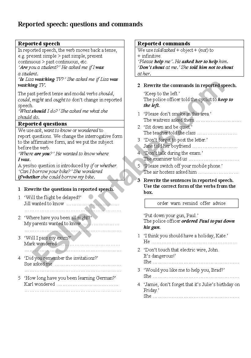 reported speech worksheet