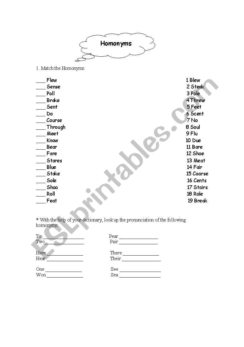 Homonyms  worksheet