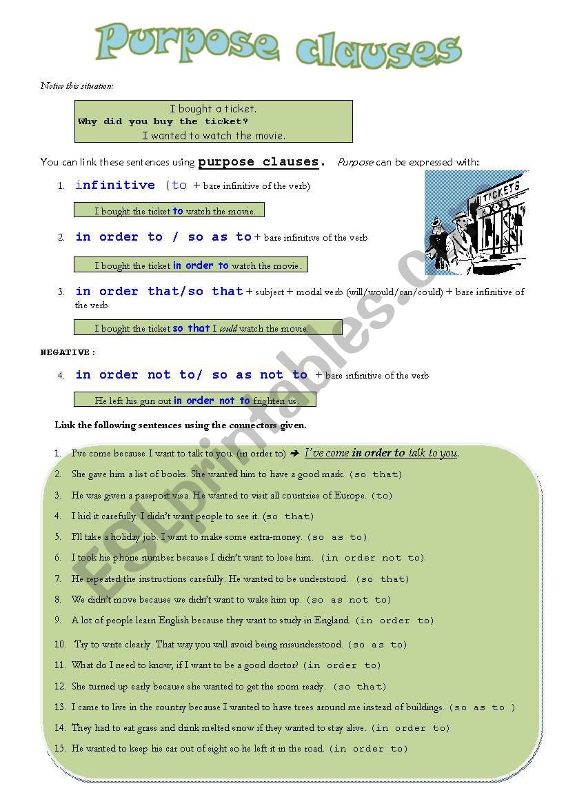 Purpose Clauses worksheet