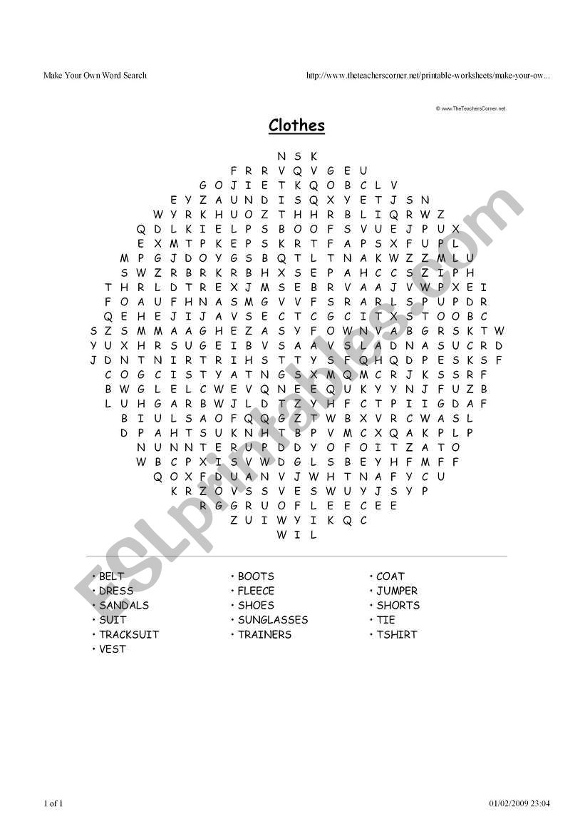 Clothes wordsearch worksheet