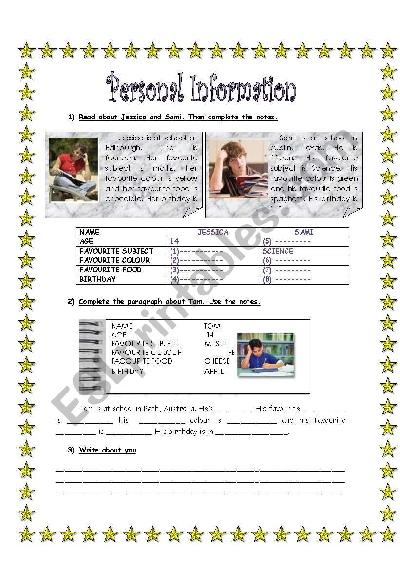 Personal Information worksheet