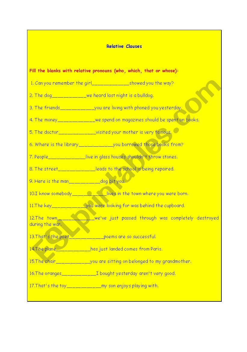 relative clauses worksheet