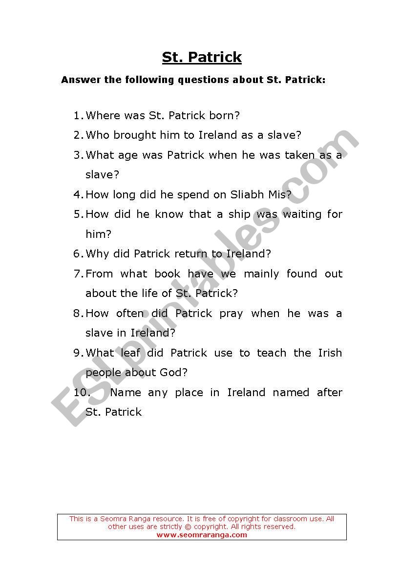 St. Patrick Day Quiz worksheet