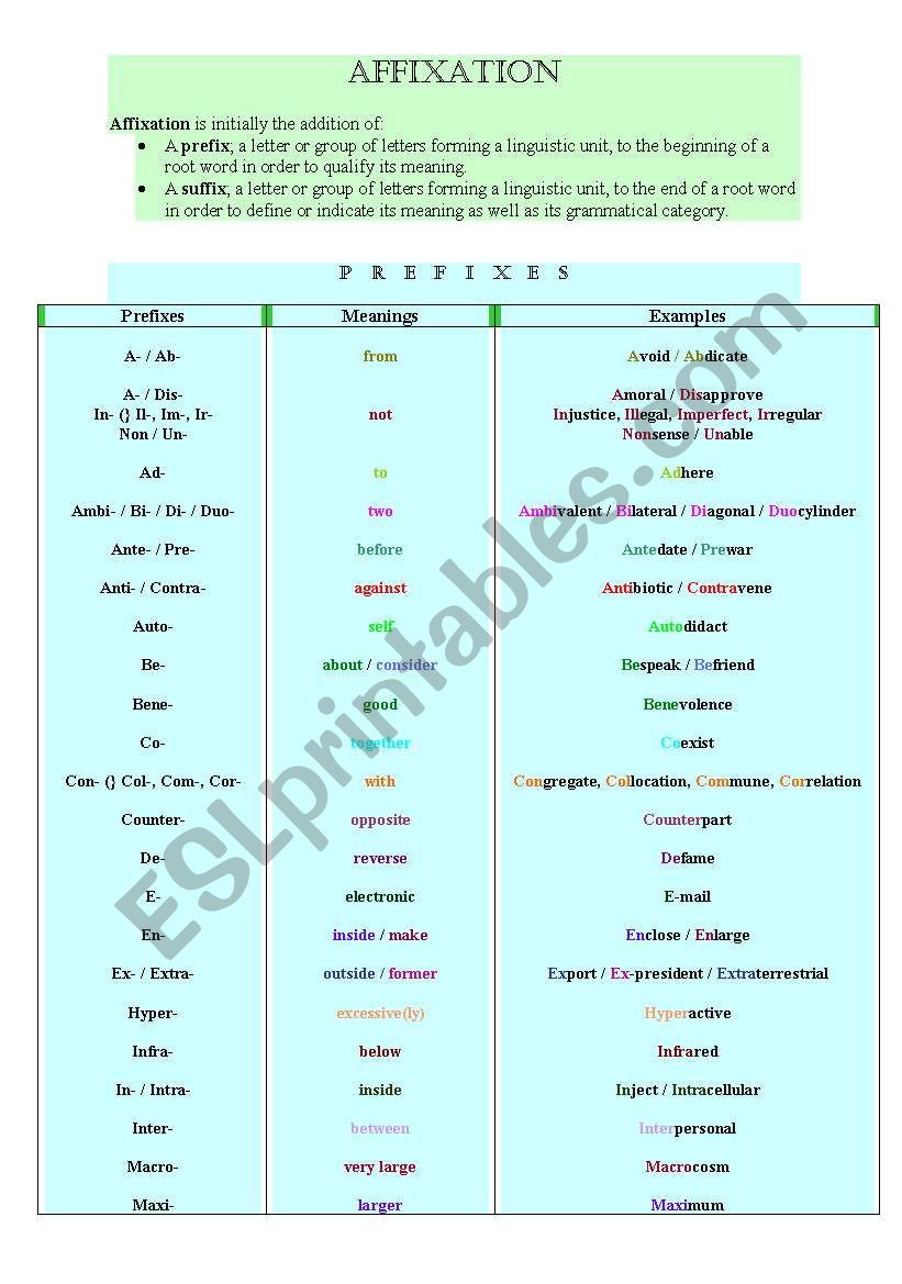 Affixation worksheet