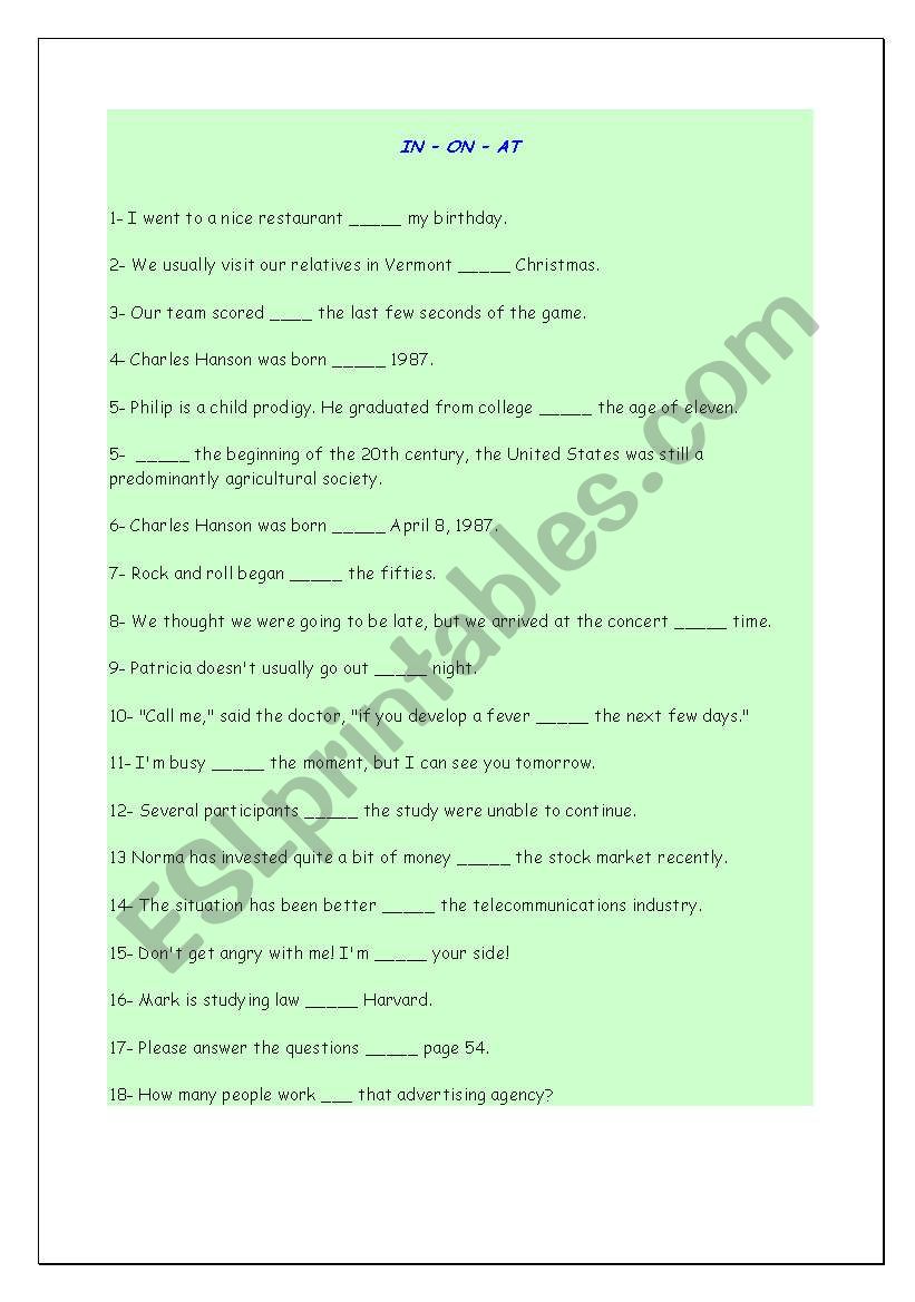 prepositions in, on and at worksheet