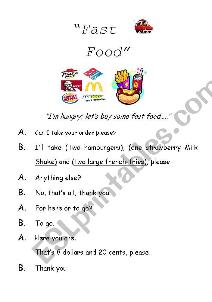 Fast Food worksheet