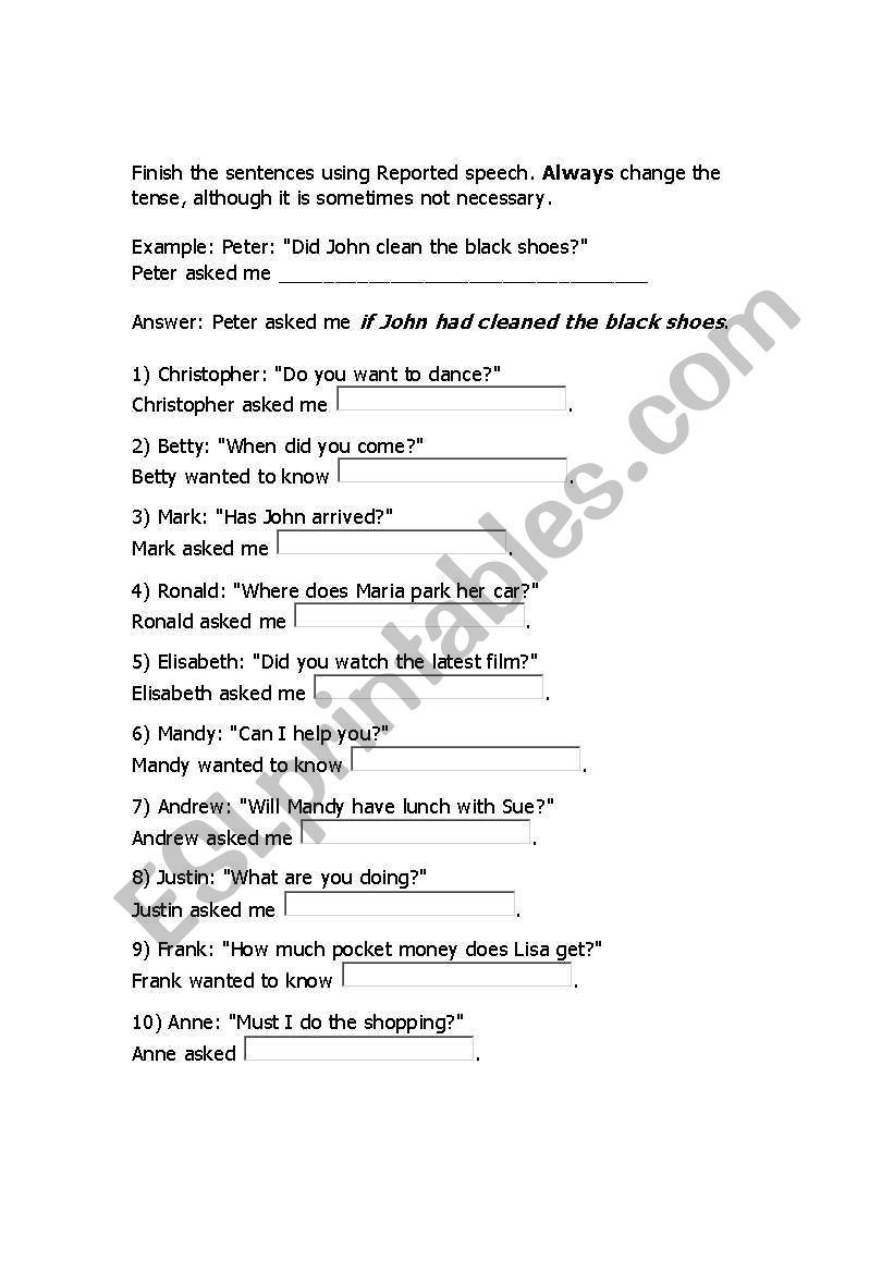 Reported speech quiz worksheet