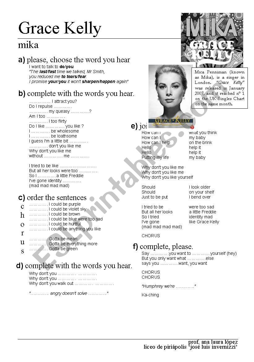 Grace Kelly - song worksheet