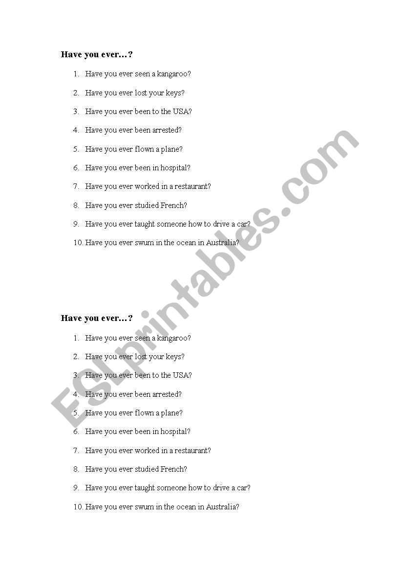 Have you ever questions worksheet