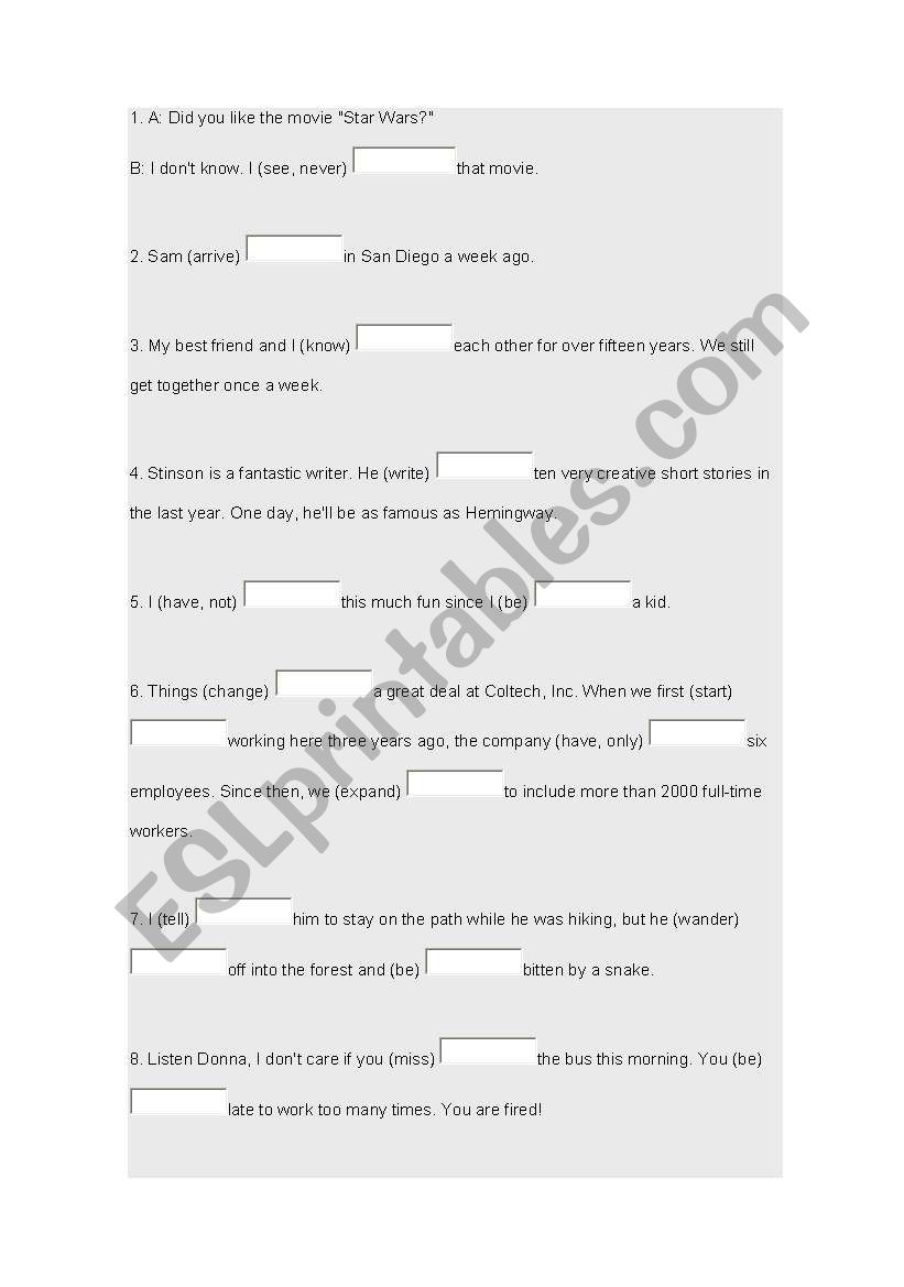 present perfect worksheet
