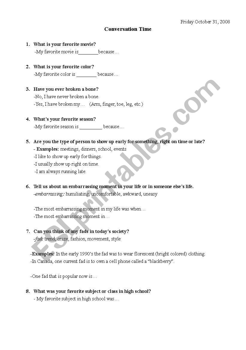 Conversation Questions worksheet