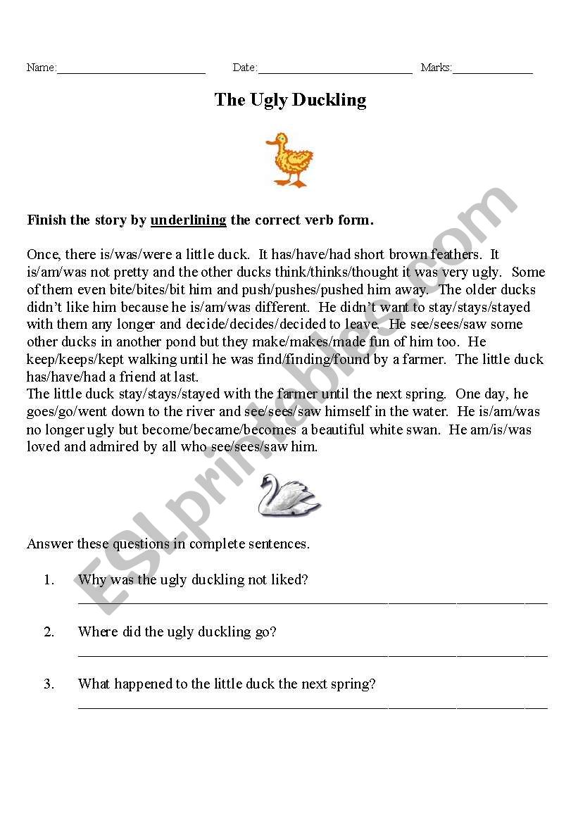 The Ugly Duckling worksheet