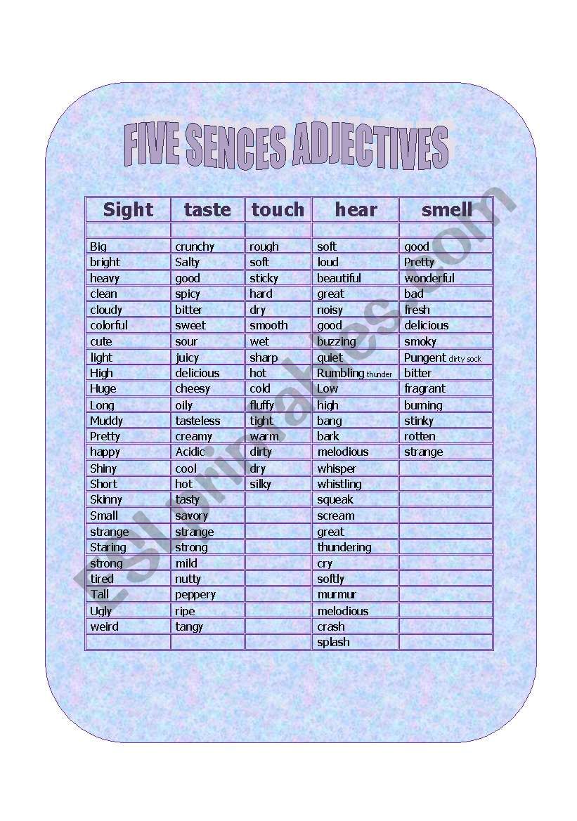 Five Senses Adjectives Worksheets