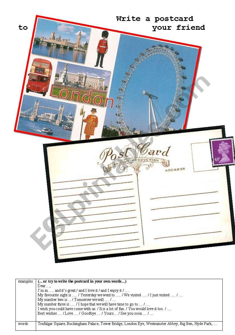 Write a postcard from London - ESL worksheet by SLeng