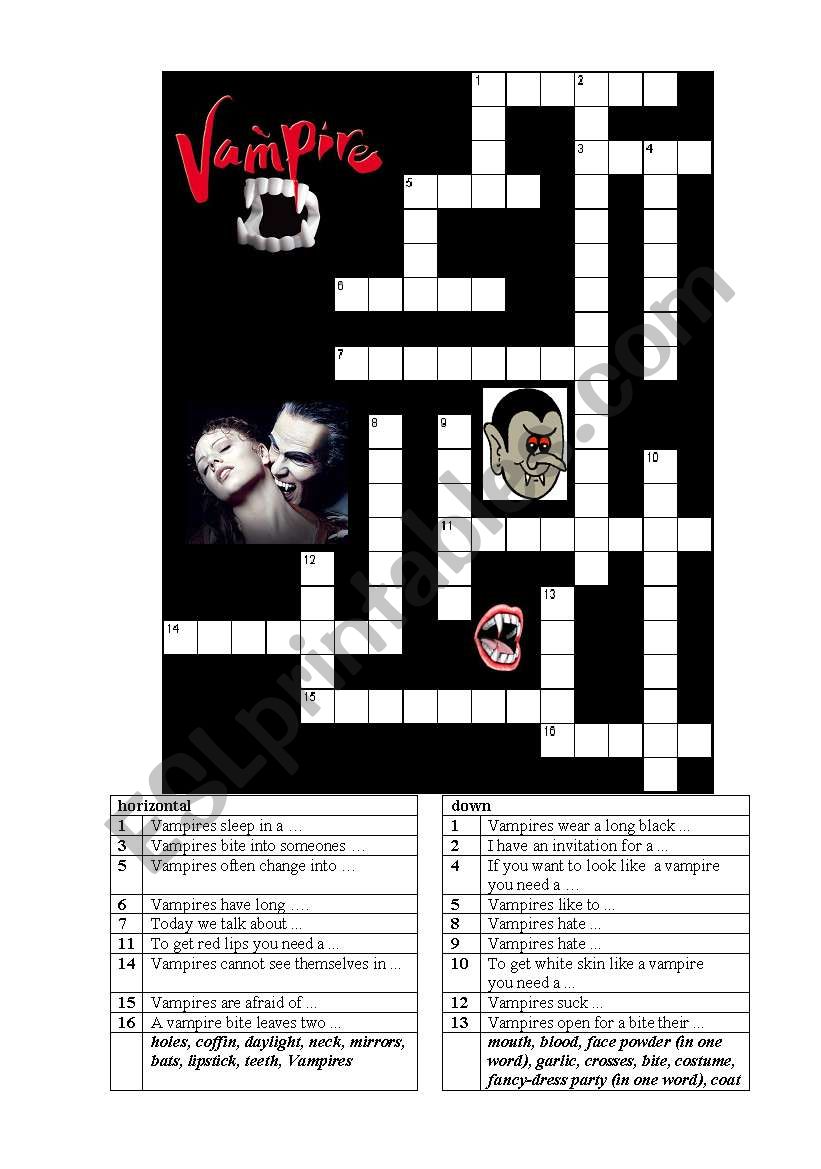 Vampire crossword puzzle worksheet