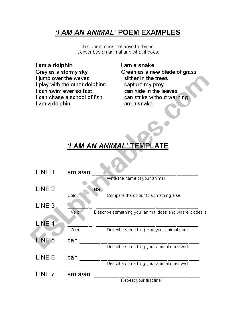 I am an animal poems worksheet