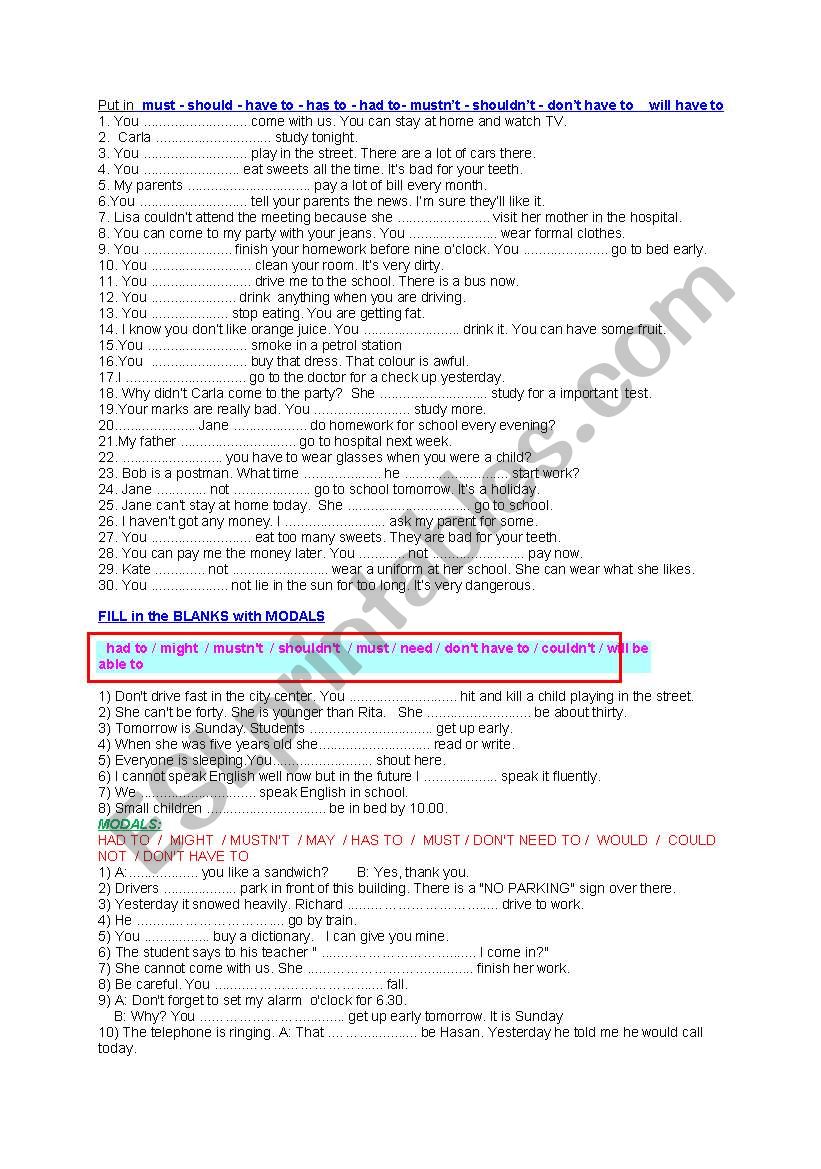 modals worksheet