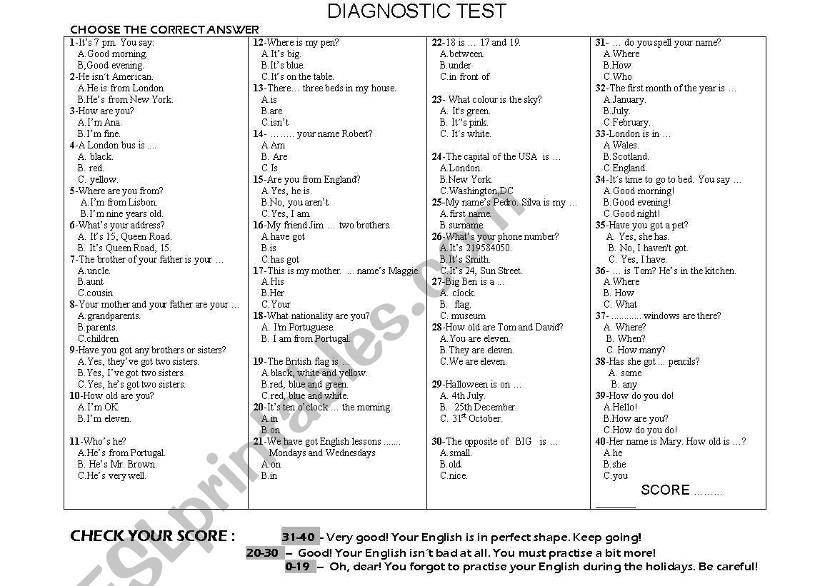 Diagnostic Test worksheet