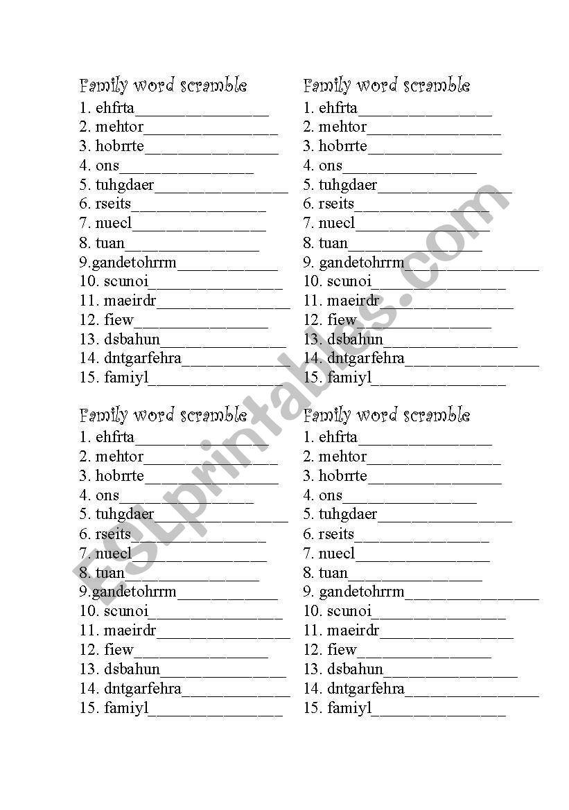 Family word scramble worksheet