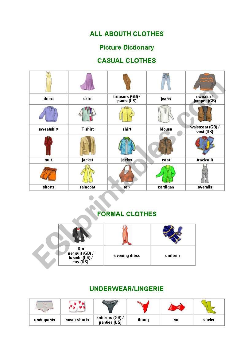 Clothes picture dictionary worksheet