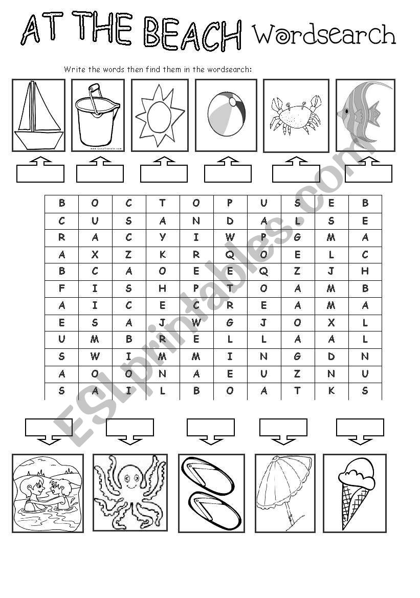 At the beach wordsearch  worksheet