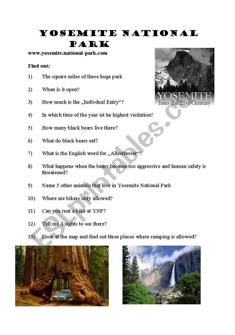 Yosemite National Park worksheet