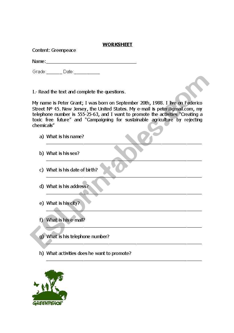 Personal Information worksheet