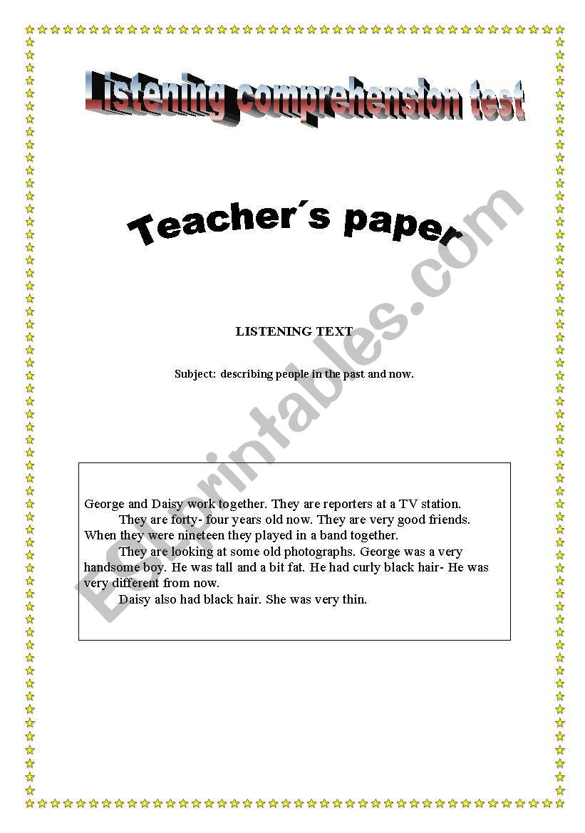 Listening comprehension test. teachers paper