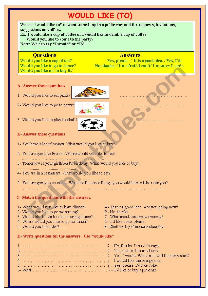 would like (to) worksheet