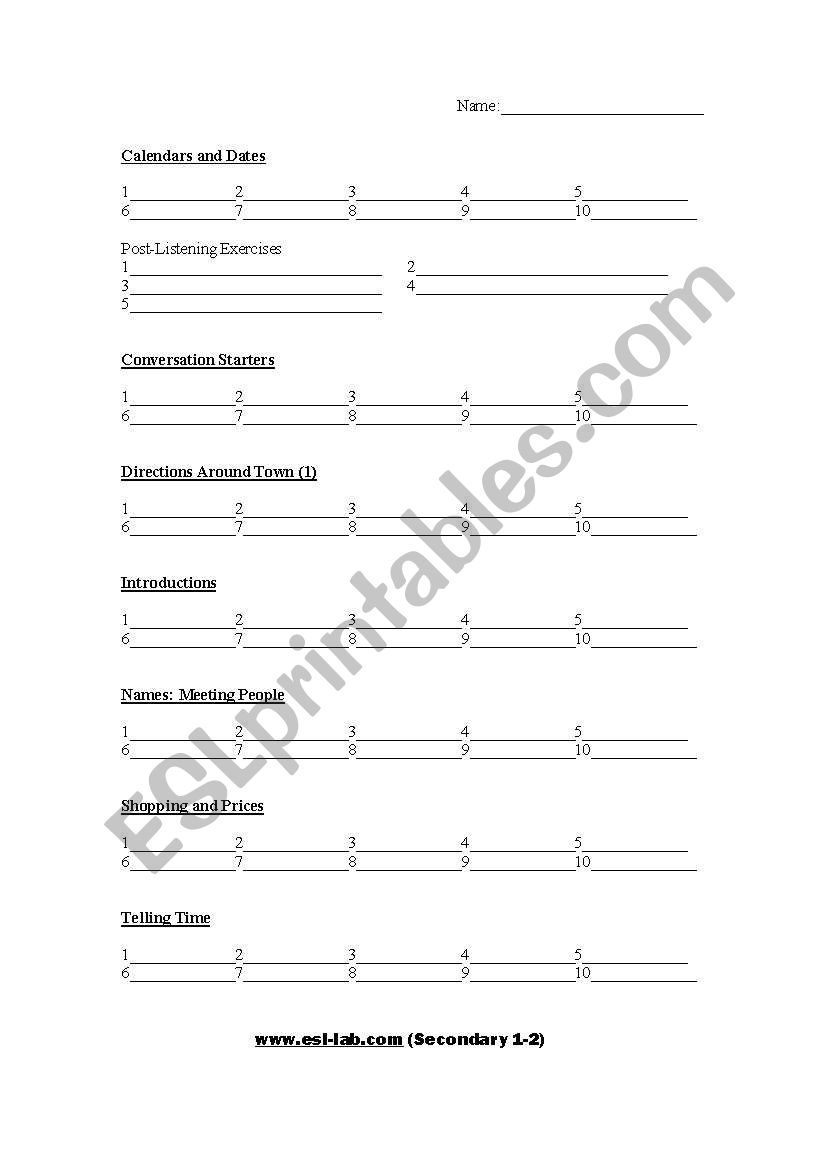 Answer sheet for www.esl-lab.com level 1-2