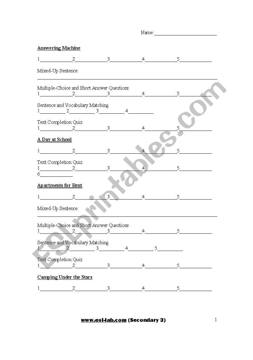 Answer sheet for www.esl-lab.com level 3