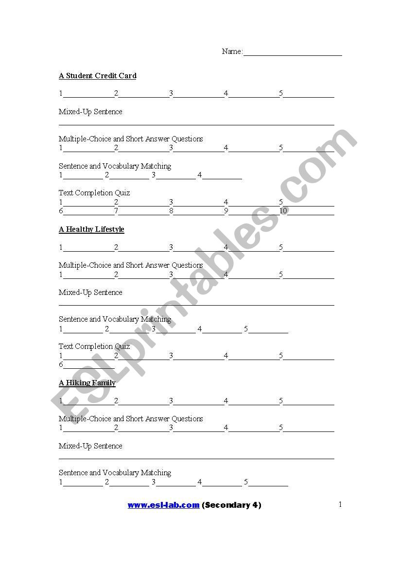 Answer sheet for www.esl-lab.com level 4