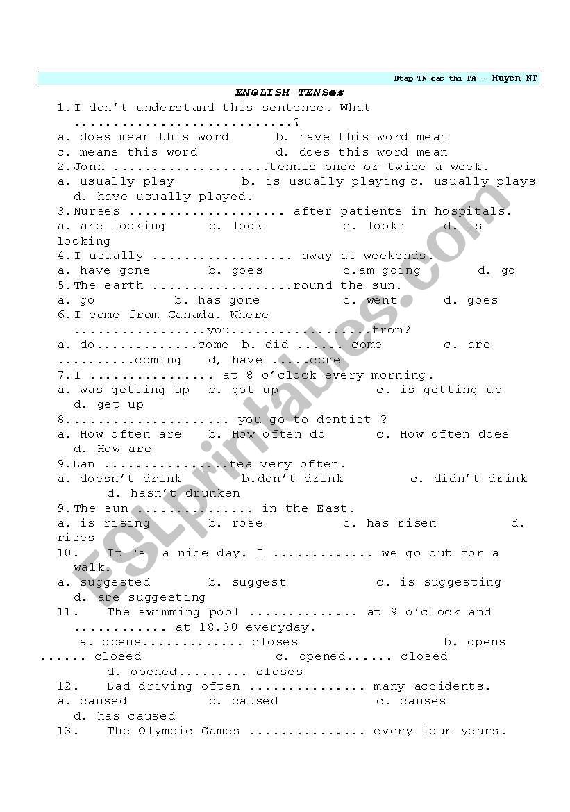 verb tenses worksheet