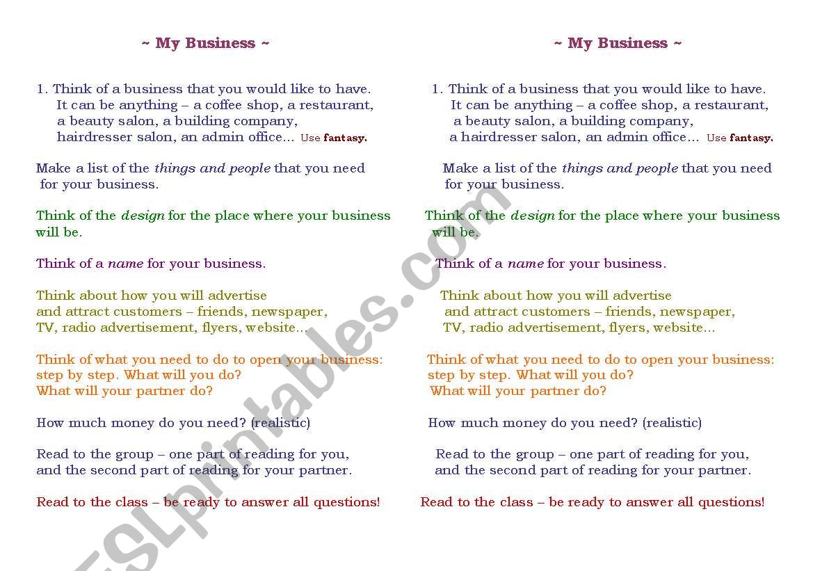 Activity: My Business worksheet
