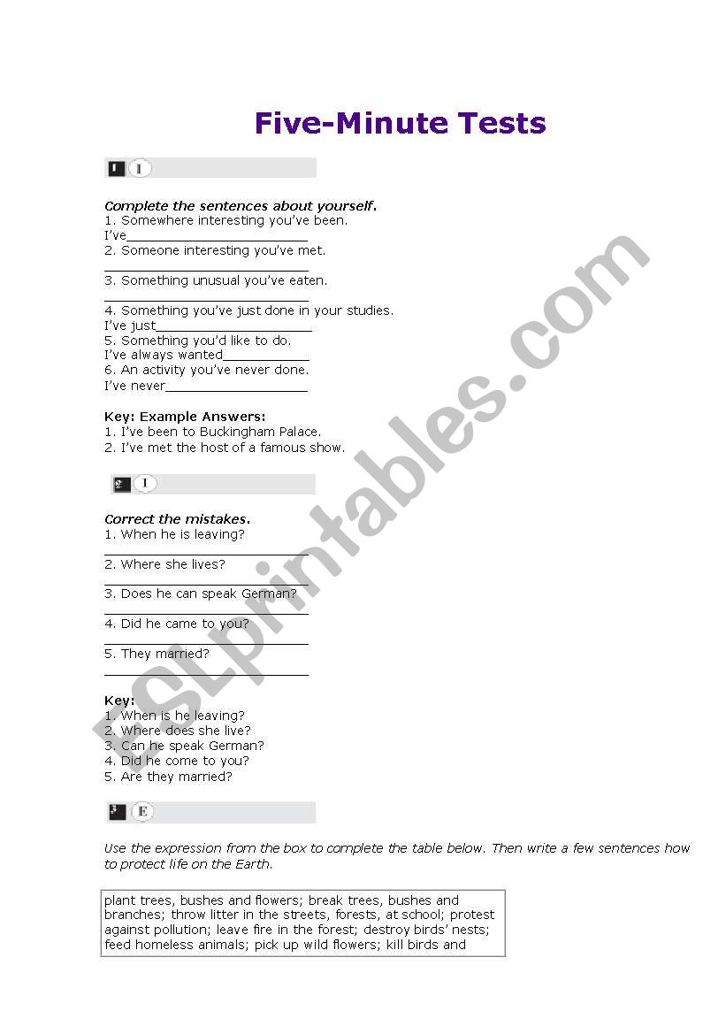 5 minutes tests worksheet