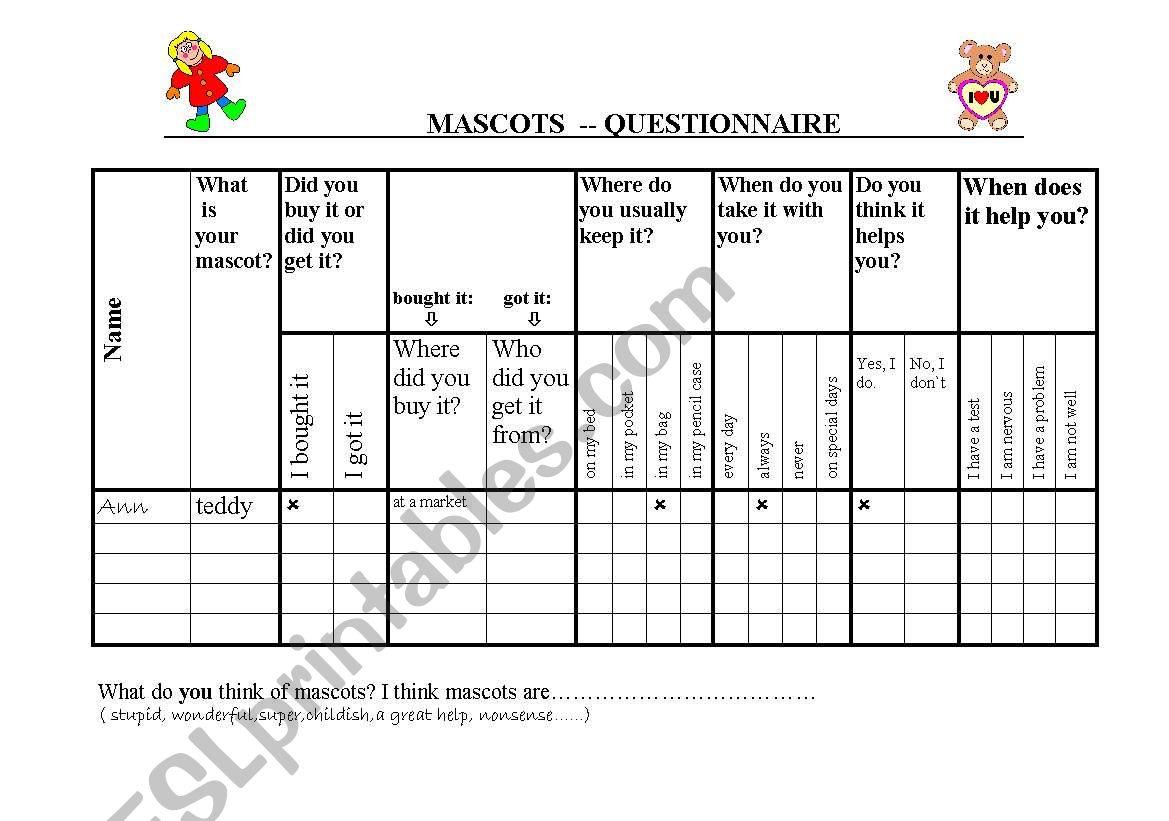 Mascots-a questionnaire worksheet