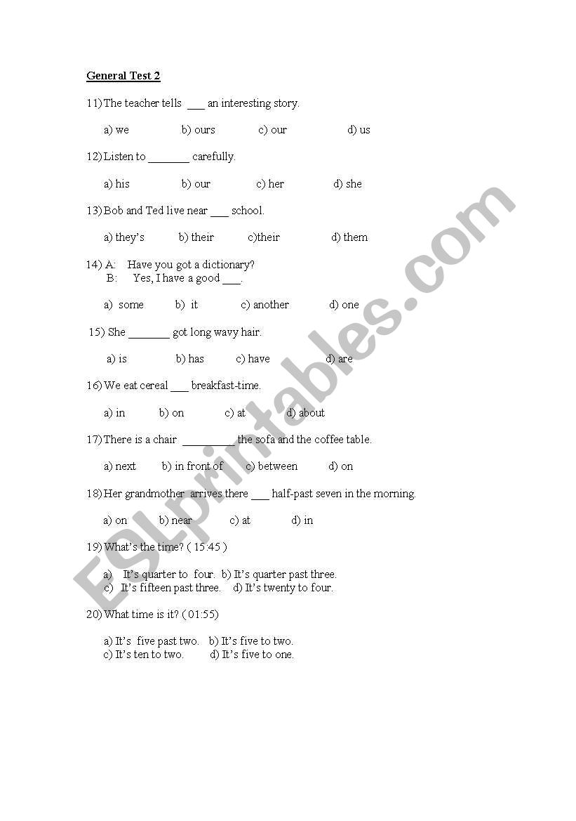 General Review Test  2 for Young Learners