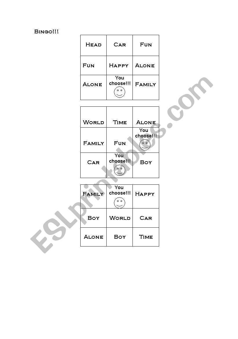 Bingo worksheet