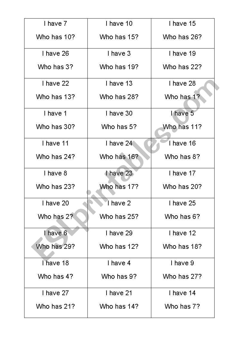 Loop cards (numbers from 1 to 30)