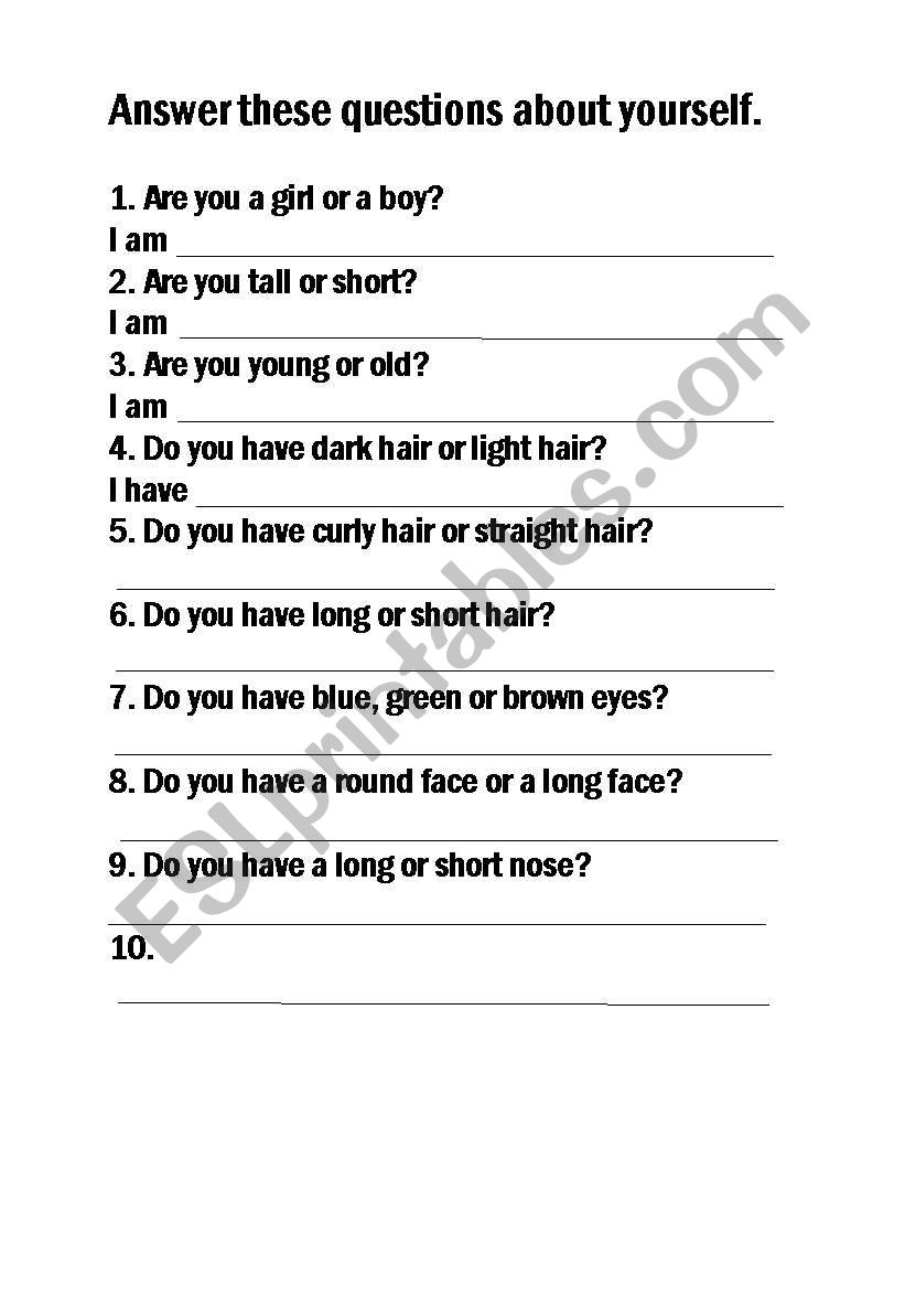 Questions about yourself. worksheet