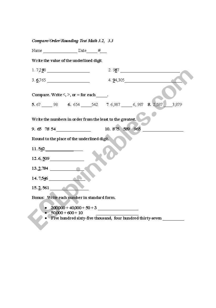 compare/order/round numbers exercise third or fourth grade